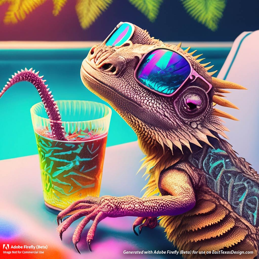 Adobe Firefly generated image: A bearded dragon sits by a pool ,wearing sunglasses. He has a bug drink with a spikey worm sticking out like a straw.