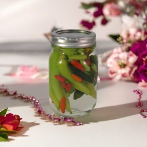 pretty pictures with pebblely, a jar of pepper sauce on a decorative background with pink ribbon demonstrates pebblely ai for generating instagram-worthy product images